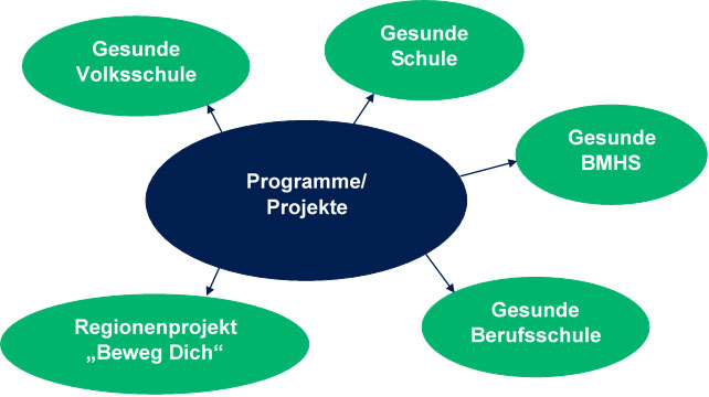 Programme und Projekte: Gesunde Volksschule, Gesunde Schule, Gesunde BMHS, Gesunde Berufsschule, Regionenprojekt "Beweg Dich"